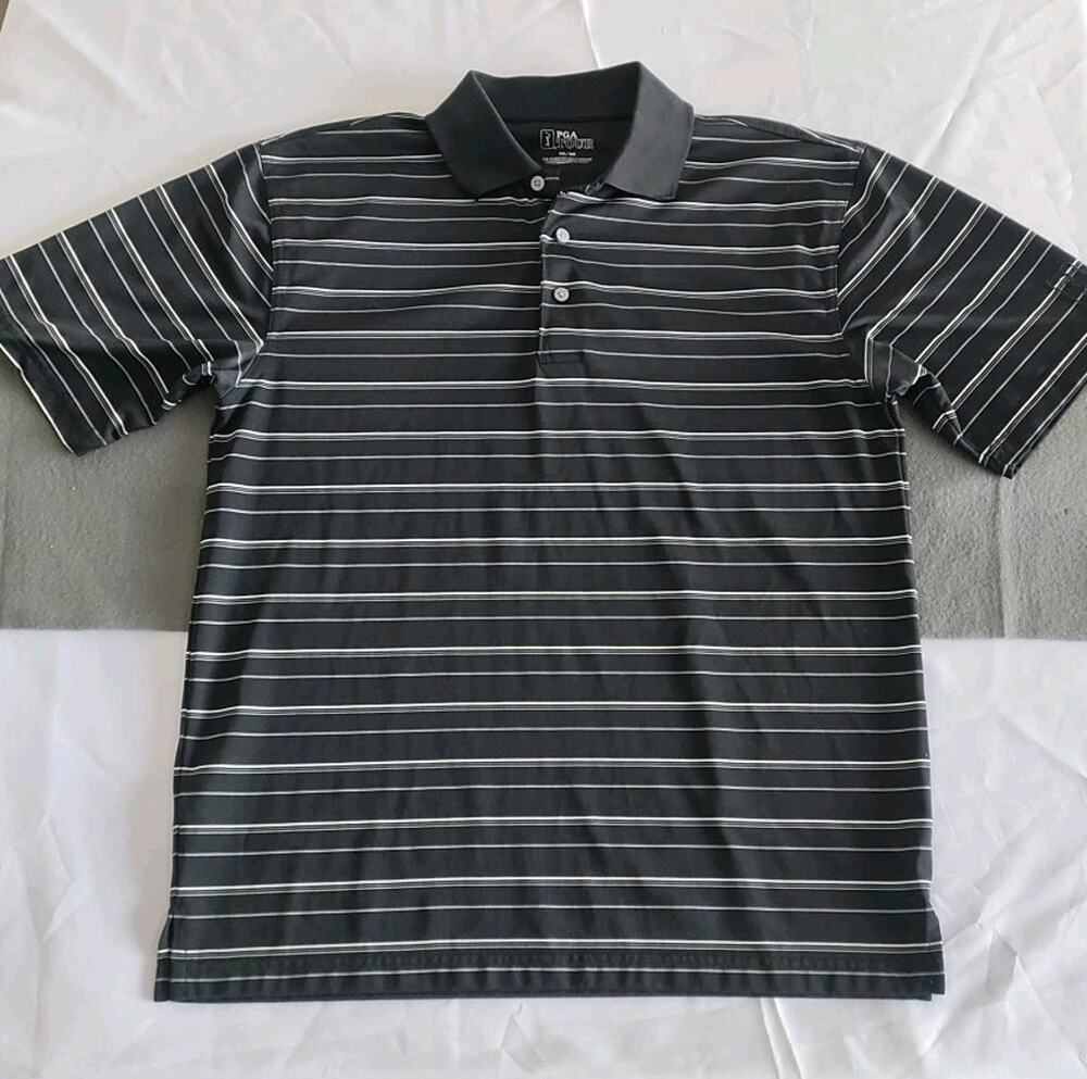 PGA Tour Men's Golf Polo Black Striped Size M Dri Fit